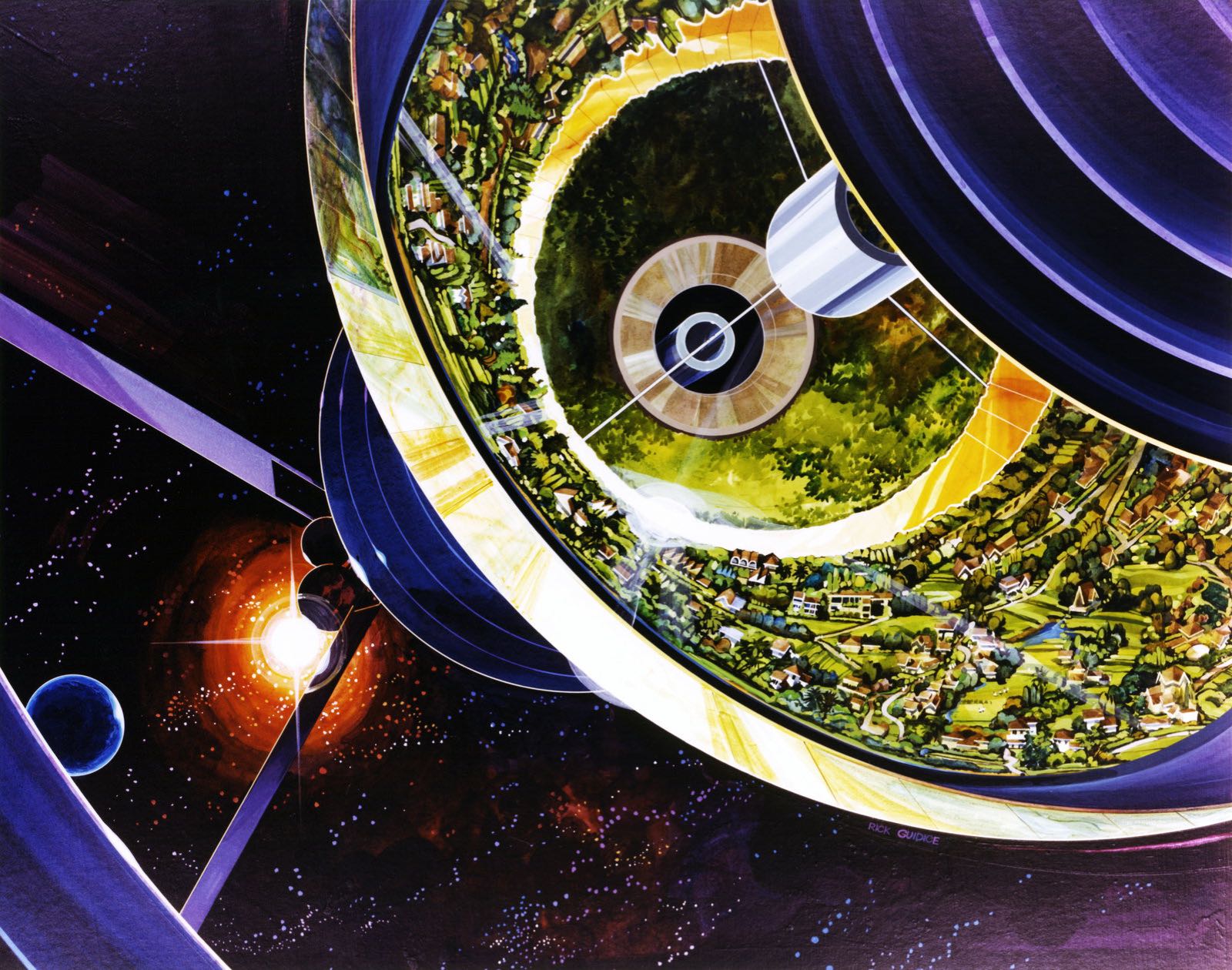 A 1970s NASA Ames concept painting of a toroidal space colony: green valleys, farmland and houses curve around the inside of the ring, with a blue planet and a bright star beyond.